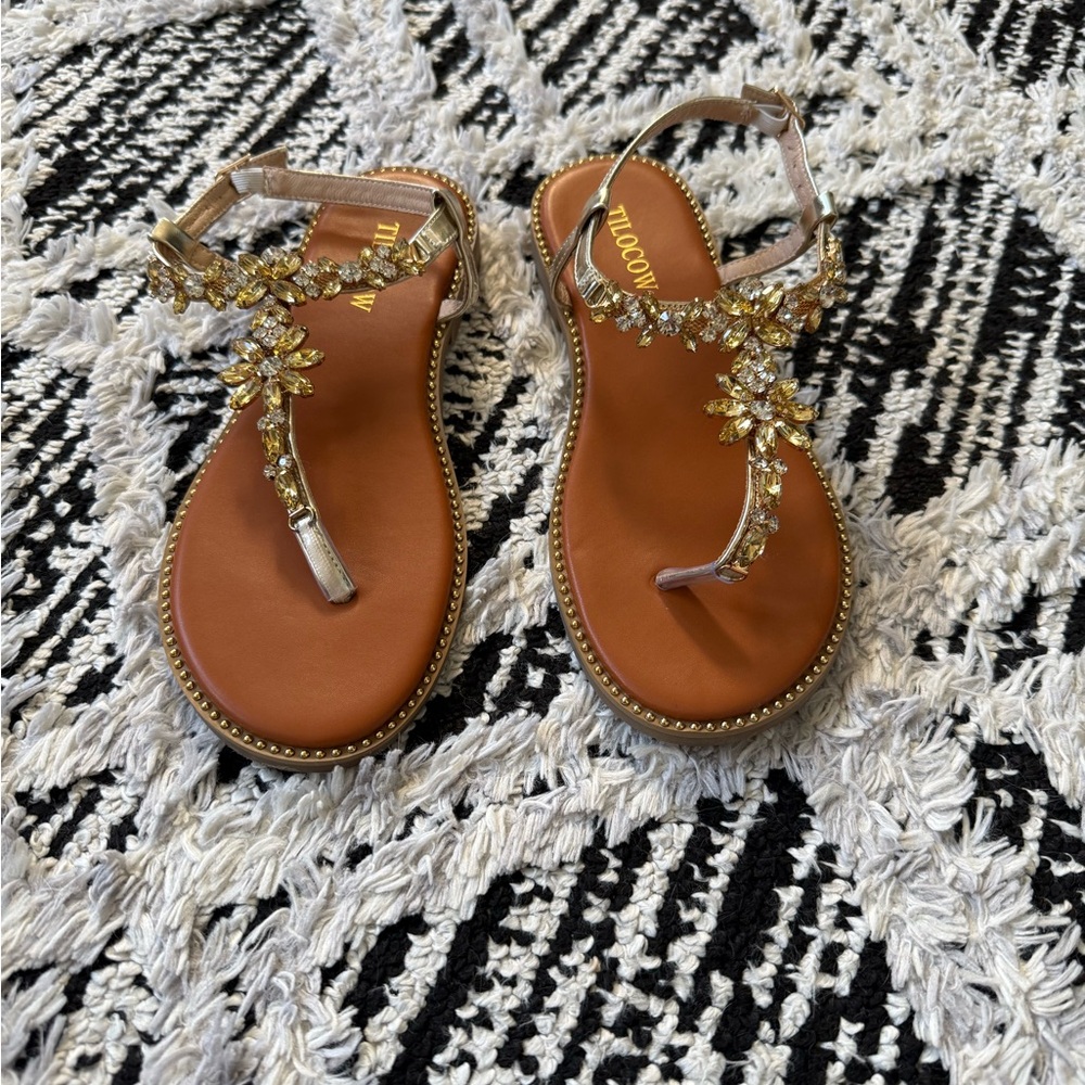Embellished T-Strap Sandals in Brown and Gold